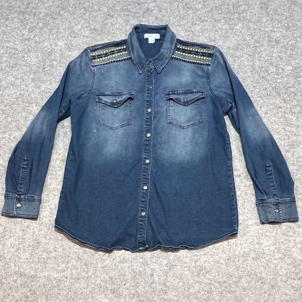 Coldwater Creek Womens Denim Button Down Shirt Embroidered Southwestern Blue Med